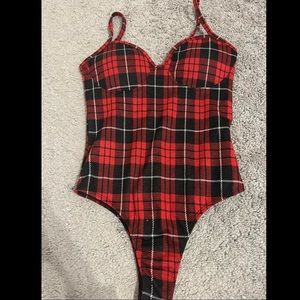 red and black plaid bodysuit